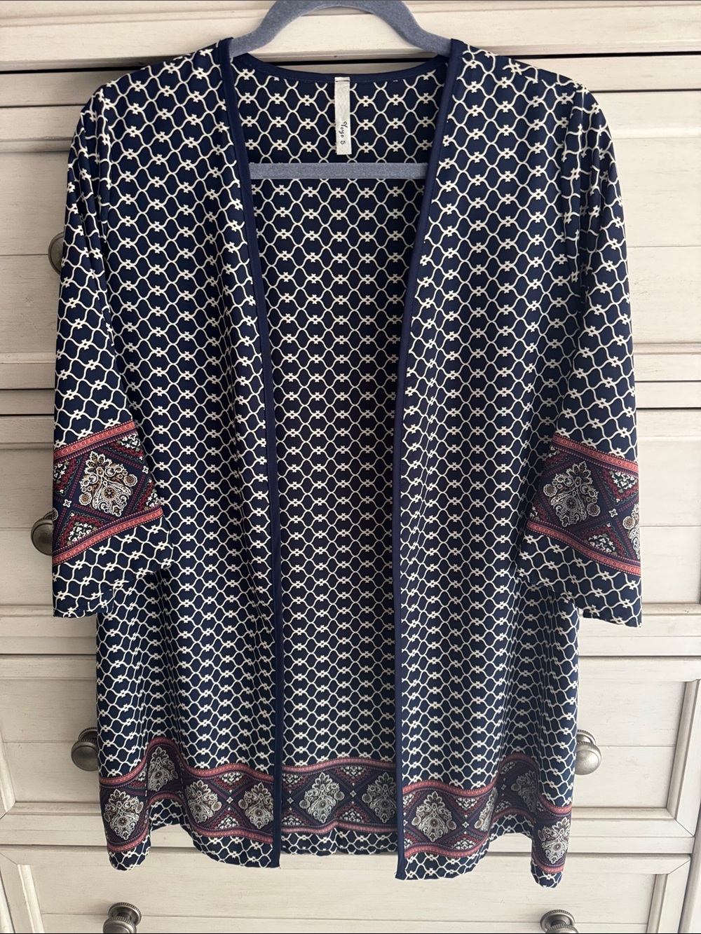Women’s Navy Patterned Open-Front Kimono with Red Accent SZ M